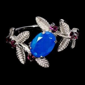 925 Sterling Silver Ring Oval Blue Opal 8x6mm Rhodolite Gemstone Jewelry Size 7